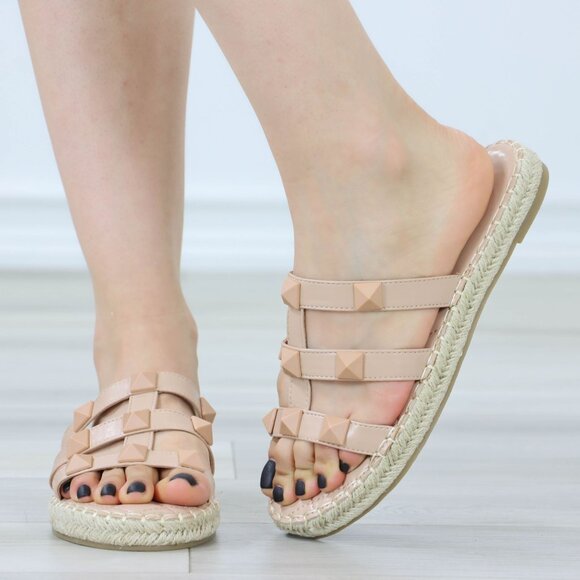 Nude Quilted Pattern Espadrille Trendy Comfy Flat Sandal Slip On Sliders - Picture 12 of 15